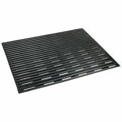 This 3 ft x 5 ft drainage mat is made of black nitrile rubber with raised nubs and a 3/8 in thickness. The antimicrobial surface helps inhibit bacterial growth. It is not reversible. Typical applications include wet or oily areas where slip resistance and hygiene are needed.
