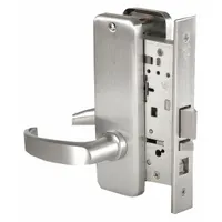 This office lever lockset features a satin chromium-plated stainless steel finish and is ADA compliant for accessibility. It includes an interchangeable core for key control and is suited for commercial interior doors such as offices, meeting rooms, and corridors