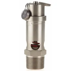Soft seat pneumatic safety valve with 3/4 in (M)NPT inlet, preset at 250 psi. Stainless steel body and internals with Viton seal. Used to protect compressed air systems and pneumatic circuits from overpressure.