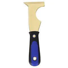 This nonsparking painter's multi-tool features a plastic handle with a 3 1/2-inch blade length and 2 1/2-inch blade width. It is used for opening paint cans, scraping surfaces, and prying materials in environments where spark prevention is required.