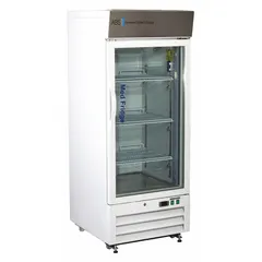 This upright pharmacy refrigerator provides 12 cu ft of storage capacity and maintains a temperature range of 2°C to 7°C. It features a white swing glass door that opens to the right, a temperature alarm, and uses R-290 refrigerant. Suitable for storing vaccines, medications, and other temperature-sensitive pharmaceuticals in clinical or pharmacy settings.