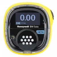 The HONEYWELL BW Solo BWS1-Z-Y is a single-gas detector for ozone, featuring high and low alarm setpoints of 10 ppm and 4.7 ppm. It has an IP68-rated yellow housing, runs on a lithium battery, and communicates via Bluetooth. Typical applications include personal safety monitoring in industrial environments where ozone may be present