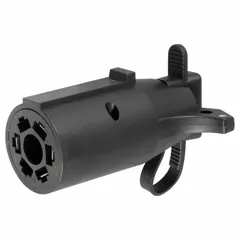 This adapter converts a 7-way blade trailer connector to a 4-way flat connector, enabling compatibility between different trailer wiring systems. Made of plastic, it measures 4 inches overall length and 1 3/4 inches in height. Commonly used in fleet and vehicle maintenance to connect trailers with varying wiring configurations without rewiring.