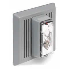 Wall-mount horn alarm with integrated strobe light, operating at 120V AC. Features wire-lead connection and compact dimensions of 5 1/2 in width, 5 1/2 in length, and 5/8 in height. Suitable for audible and visual signaling in industrial fire alarm, evacuation, and process alert systems.