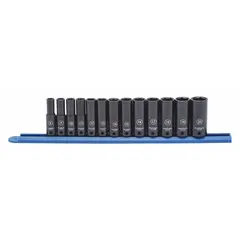 This 13-piece metric impact socket set includes six-point sockets ranging from 8 mm to 21 mm with a 3/8 in drive. Designed for use with impact tools, the friction ball retention ensures secure socket attachment. Suitable for fastening and loosening nuts and bolts in automotive, heavy equipment, and industrial applications.