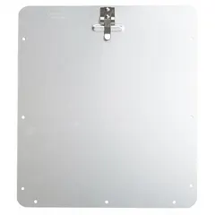 This aluminum front plate placard holder measures 10 3/4 inches wide by 10 3/4 inches high. It is designed for mounting and displaying safety or identification placards on vehicles, equipment, or facility surfaces.