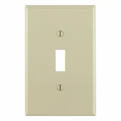 This LEVITON wall plate is a 1-gang, midsize toggle switch plate in ivory. It is made of nylon and designed to cover and protect a single toggle switch in residential or commercial electrical installations.