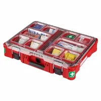 Polypropylene housing with a depth of 15 3/16 in and height of 4 5/8 in. Contains (50) bandages, a CPR face shield, scissors, eyewash, and a tourniquet. No oral or inhalant medicinals included. Suitable for job sites, workshops, and facilities requiring accessible emergency medical supplies