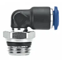 Nylon and nickel-plated brass push-fit elbow fitting with Push-to-Connect x Universal Thread configuration. Connects 3/8 in OD tubing to 1/2 in pipe size with a 3/4 in thread size A. Suitable for pneumatic or fluid systems requiring tool-free installation