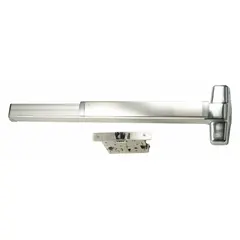 Mortise exit device with touchbar style, chrome finish, for doors up to 3 ft wide. ADA compliant for accessible egress. Suitable for commercial buildings requiring push-pad operation.