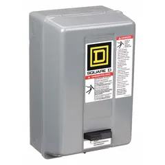 NEMA Size 00, 9 A, single-phase, 2-pole enclosed non-reversing starter with 110/120V AC coil. Screw clamp terminals. Requires one melting alloy thermal unit (not included). No auxiliary contacts, pilot light, or operator controls. Used for starting and protecting single-phase motors in industrial equipment such as conveyors, pumps, and fans.