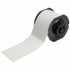 Thermal transfer precut label roll measuring 6 in x 1 1/2 in with a rubber, removable and repositionable adhesive. Designed for use with BBP33 printer series. Suitable for temporary industrial labeling applications such as asset tracking, temporary warnings, and inventory marking.