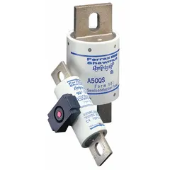 Fast-acting bolt-on fuse rated 350 A, 500 V AC/DC. Designed for overcurrent protection in power electronic circuits such as variable frequency drives, UPS systems, and rectifiers. Safeguards semiconductor devices by quickly clearing faults.