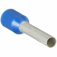 Insulated ferrule for terminating a single stranded wire into a terminal block. Features blue polypropylene insulation and a 0.1 in ferrule diameter. Used in control panels and electrical assemblies to prevent wire fraying and ensure a secure connection.