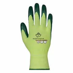 ANSI Cut Level A9 rated gloves with a nitrile palm dip and smooth finish. The high-visibility green knit shell provides cut resistance for handling sharp materials. Touchscreen compatible. Suitable for tasks involving sharp edges in metal fabrication, glass processing, and automotive assembly.