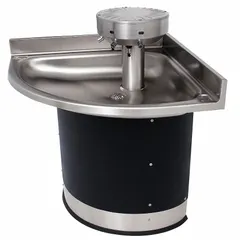 This sensor-operated wash fountain features a stainless steel corner bowl in a black/silver finish with a P-Trap drain. Designed for hands-free operation in commercial restrooms and public facilities, it has an overall width of 37 inches. Note: not ADA compliant.