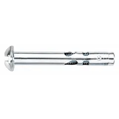 Steel sleeve anchor with round head, 1/4 in diameter, #10-24 thread size. Used for fastening fixtures, brackets, and equipment to concrete, brick, or block in light- to medium-duty mounting applications. Supplied in a 100-piece pack.