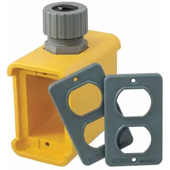This portable power outlet box provides temporary power distribution in construction, maintenance, and industrial settings. The 2-gang configuration accommodates multiple devices, while the yellow housing enhances visibility on job sites.