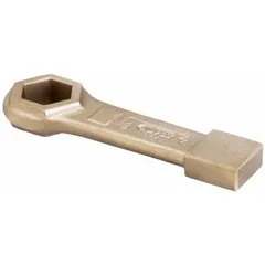 SAE straight handle striking box end wrench with 6-point opening. Nonsparking aluminum-bronze construction in natural finish. Head size 1-7/8 in, overall length 11 in. Used in hazardous environments where sparking must be avoided, such as oil refineries, chemical plants, and gas facilities.