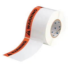Warning header precut label roll, 4 in x 6 in, made of white polyester with rubber adhesive. Halogen-free material. Supplied in rolls of 500 labels. Compatible with i7100 printer series for on-demand printing. Used for industrial safety identification on equipment, pipes, or areas requiring hazard warnings.