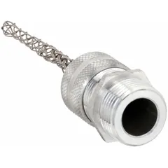 Straight metallic cord grip with mesh strain relief. Aluminum body with 3/4 in MNPT connection. Stainless steel external strain relief. Accepts cord diameters from 0.19 in to 0.25 in. Rated for Class III, Division 1 & 2 hazardous locations. Used to secure and seal flexible cords entering enclosures in industrial environments.
