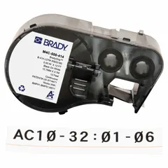 Continuous label roll cartridge for the M410 printer series. Polyester material with black on white print. Removable and repositionable adhesive allows temporary or adjustable labeling. Suitable for general-purpose identification and marking tasks.