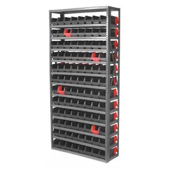 This metal stationary bin shelving unit includes 96 open-front polymer bins in black and red, each measuring 4 in x 4-1/4 in x 11-5/8 in. The one-sided unit features a gray steel frame and indicator bins for visual inventory management. Suitable for organizing small parts and components in industrial and warehouse settings.