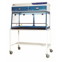 This light duty ductless fume hood from AIR SCIENCE is designed for laboratory applications requiring containment of airborne particulates, powders, and non-hazardous fumes. It features a 4 ft overall width and 35 in overall height in a white finish. The unit is partially assembled and includes a blower and work surface; a base or stand is required separately.