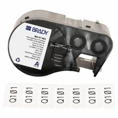 Black-on-white polyester precut label roll cartridge measuring 1/2 in x 1 in. Designed for use with the BMP53 printer series. Suitable for industrial identification tasks such as cable marking, component labeling, and asset tagging.