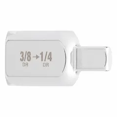 This adapter converts a 3/8 in drive tool to accept 1/4 in drive sockets. It features a square drive shape and a locking mechanism. Overall length is 14/25 in. Used in automotive repair, construction, and industrial maintenance for fastening and loosening bolts and nuts.
