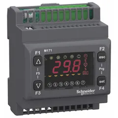 This programmable logic controller from the Modicon Series provides 5 analog inputs and 6 digital I/O points. It operates on 12 to 24V AC or 24V DC power and includes a built-in clock. Typical applications include machine control, building management, and manufacturing systems requiring analog and digital signal processing.