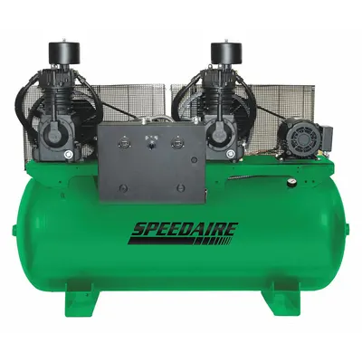 SPEEDAIRE Electric Air Compressor: 7.5 hp, 2 Stage, Horizontal, 120 gal, 50.2 cfm - Duplex Stationary Electric Air Compressors