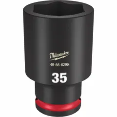 This 1/2" drive impact socket features a 35 mm metric, 6-point, deep design with a friction retention system. The black phosphate finish provides corrosion resistance. Suitable for fastening and loosening metric hex fasteners with impact tools in automotive, industrial, and construction applications.