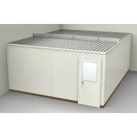 This 2-wall unassembled in-plant office measures 20 ft x 16 ft x 8 ft and is constructed with steel-covered drywall panels in beige. It has an STC 31 sound transmission class rating, making it suitable for creating quiet workspaces within industrial environments such as factories or warehouses