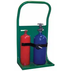 Portable carrying stand designed to hold two welding cylinders with diameters from 3 1/2 in to 7 in. Features a clamp-style securing mechanism for stable transport. Suitable for organizing and moving gas cylinders in welding environments.