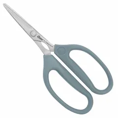 These plastic-handle scissors have a 6 in overall length with straight, pointed blades featuring a Titanium Bonded coating in gray. The ambidextrous handle design accommodates both left- and right-handed users. Suitable for general cutting tasks in industrial, commercial, and institutional settings.