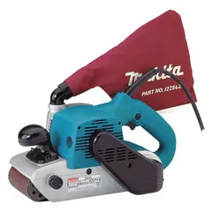 The MAKITA 9403 is a corded belt sander with a 4-inch belt width and 24-inch belt length, operating at 1,640 SFPM. It includes one abrasive belt and a dust bag for debris collection. This tool is used for surface finishing and material removal on wood, metal, and composites, suitable for smoothing large flat surfaces, removing paint or rust, and shaping edges.