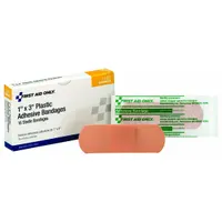 Sterile, latex-free strip bandage made of plastic, measuring 1 inch wide by 3 inches long. Water resistant and not metal detectable. Supplied unitized in a box. Complies with ANSI/ISEA Z308.1-2015 standards. Used for covering minor cuts, scrapes, and abrasions