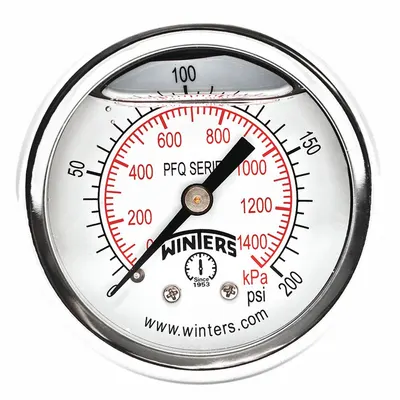 WINTERS Panel-Mount Pressure Gauge: Front Flange, 0 psi to 200 psi, 2 in Dial, 1/4 in NPT Male - Front-Flange Panel-Mount with Brass/Bronze Wetted Parts