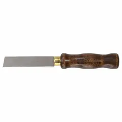 Non-sparking knife with a straight blade made of copper nickel and a wood handle. Blade length is 4 inches, overall length is 7 1/2 inches. Suitable for cutting tasks in environments where sparking tools are prohibited.