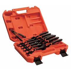 This set installs and removes external and internal retaining rings. External rings for shaft diameters from 1 9/16 in to 4 in; internal rings for 5/16 in to 3 1/4 in. Suitable for industrial maintenance, repair, and assembly tasks.