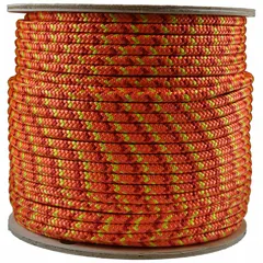 Dynamic braid rope for rigging and climbing applications. 1/2-inch diameter, 600-foot length, with a working load limit of 730 lb. Designed for lifting, load securing, and rope access tasks requiring controlled stretch and energy absorption.