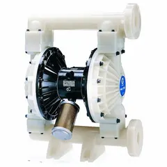 Air-operated double-diaphragm pump with PVDF housing, 2-inch flange connections, and 150 gpm flow capacity. Features PVDF seats and PTFE check valves for chemical resistance. Diaphragm material not specified. Suitable for transferring aggressive fluids in industrial processing.