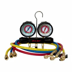This analog manifold gauge set is designed for use with R-32 refrigerant. It features two valves, three hoses, and a 3 1/8 in gauge with protective gauge boots. Suitable for pressure measurement and servicing of refrigeration and air conditioning systems.