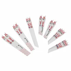 This 16-piece reciprocating saw blade set includes blades with 14, 18, and 24 teeth per inch (TPI) configurations for cutting metal workpieces. Suitable for demolition, fabrication, and maintenance tasks on ferrous and non-ferrous metals.