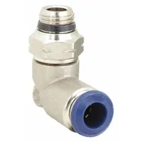 Nickel-plated brass elbow fitting for 1/4 in OD tubing with 1/8-27 male thread. Push-fit design enables quick connection in pneumatic or low-pressure fluid systems. Supplied as a 5-pack in silver finish