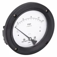 Diaphragm-type differential pressure gauge with aluminum housing. Measures pressure difference between two points in fluid or gas systems. Suitable for medium and high operating pressure applications such as filtration monitoring, pump performance, and process control. Connection: 1/4 in NPT Female. Certificate of calibration not included
