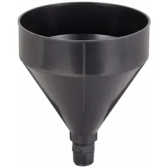 This black polyethylene drum funnel has a 2 1/4 in spout diameter and measures 7 1/2 in x 9 1/4 in. It is designed without a lid or flame arrester for use in transferring fluids into drums in industrial fluid handling applications.