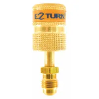 Brass anti-blowback adapter with 1/4 in male SAE right-hand input and 180° angle. Designed for swivel connections in gas or fluid systems to prevent blowback. Suitable for use in welding, cutting, and industrial gas lines