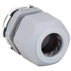 Straight plastic cable grip with a gray nylon body and 3/4 in MNPT box connection. Accommodates cord diameters from 0.25 in to 0.41 in. Used to secure and seal cable entry points on electrical enclosures, junction boxes, and control panels in applications requiring moisture resistance.
